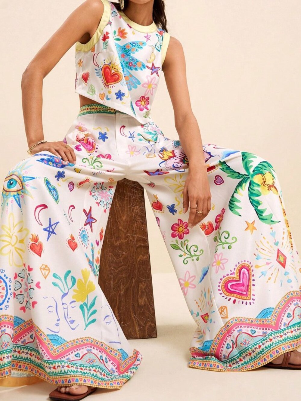 Multicolor Boho Women's Tropical Print Crop Top & Wide Leg Pants 2-Piece Set - Picture 5 of 9
